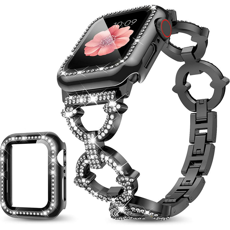 Compatible with Apple Watch Band , Women Girl Bling Diamond Jewelry Metal Strap  Bands with Crystal Tempered Glass Screen Case, Round Shiny Bracelet  Wristband for iWatch Series 8/7/6/5/4/3/2/1/SE 