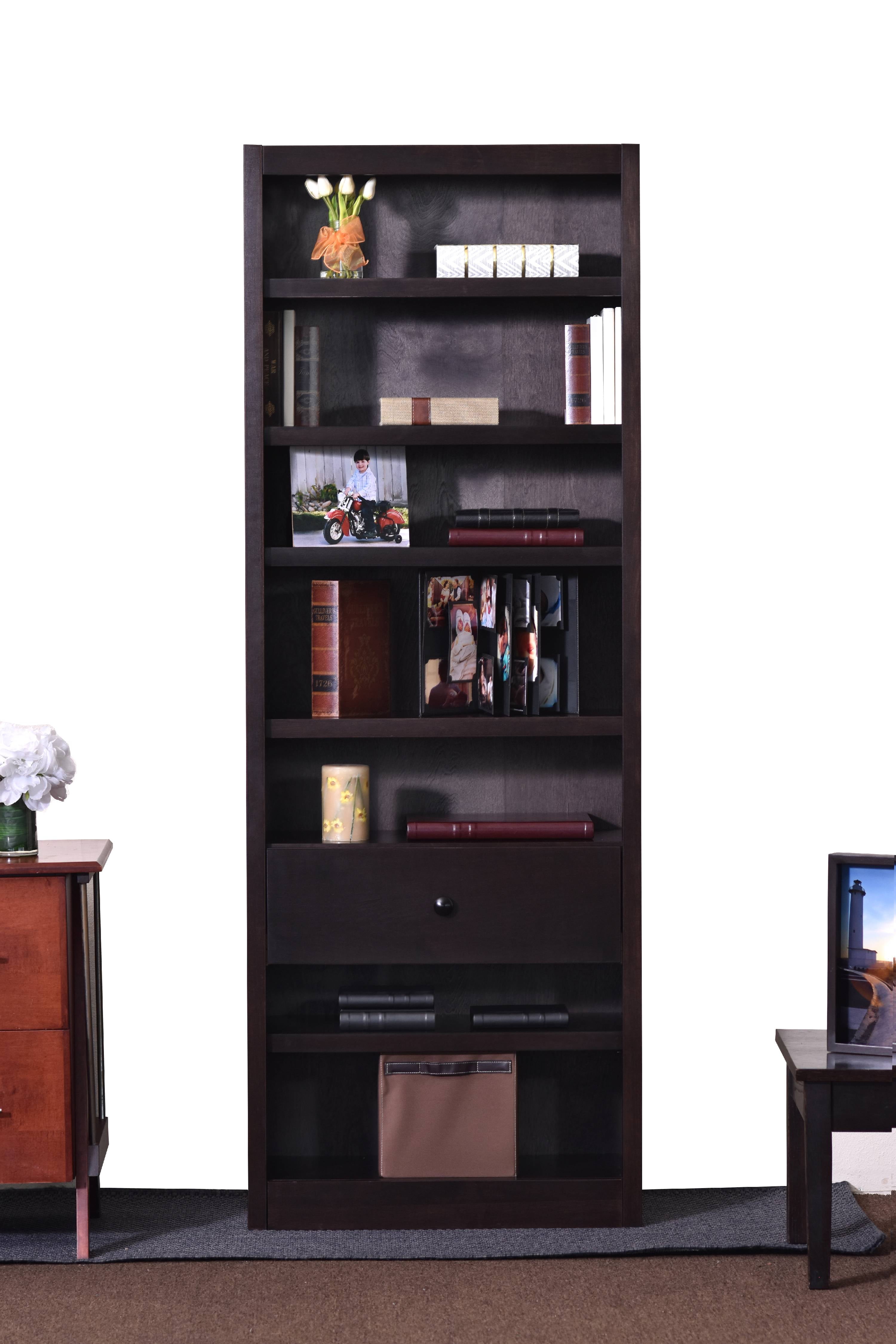 Concepts in Wood 7 Shelf Bookcase, 84 inch Tall with Fix Shelf/Drawer Espresso Finish