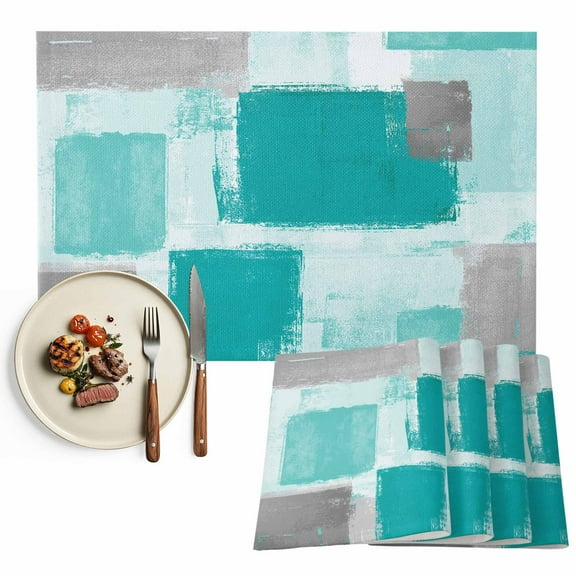 Abstract Vintage Placemats Set of 8, Art Oil Painting Texture Table Mats Washable Heat-Resistant Non-Slip Place Mats for Kitchen Dinner Table Indoor Outdoor Decor,13x19 Inch Turquoise