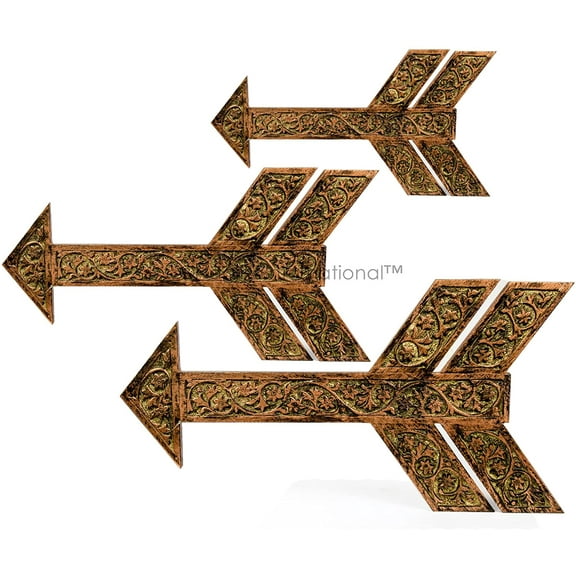 Nagina International Rustic Colorful Handcrafted Wooden Wall Decor Carved Arrows | Exclusive Vintage & Antique Home Decorative Piece (Set Of 3, Metallic Copper)