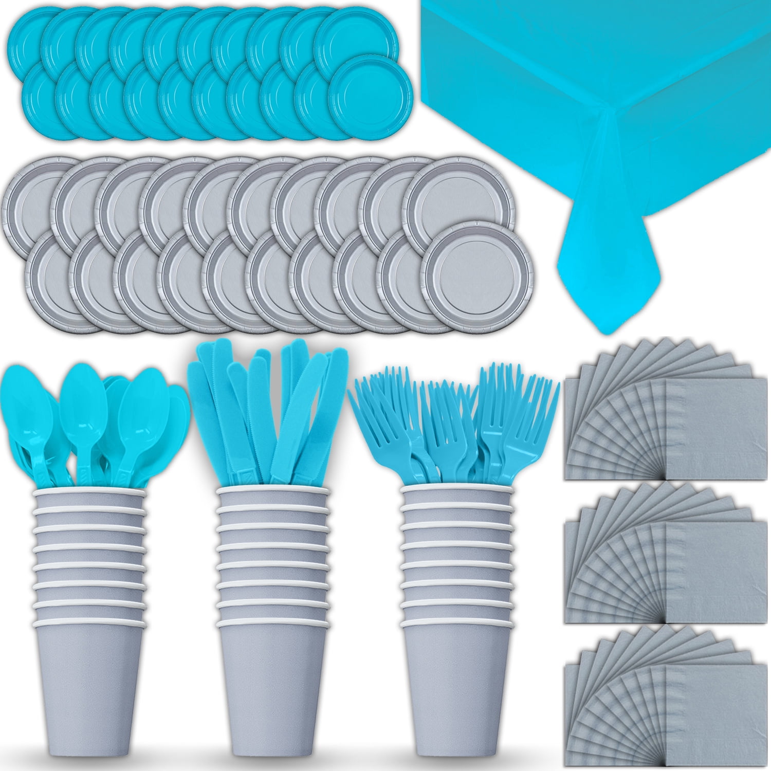 Paper Tableware Set For 24 Silver Turquoise Dinner And