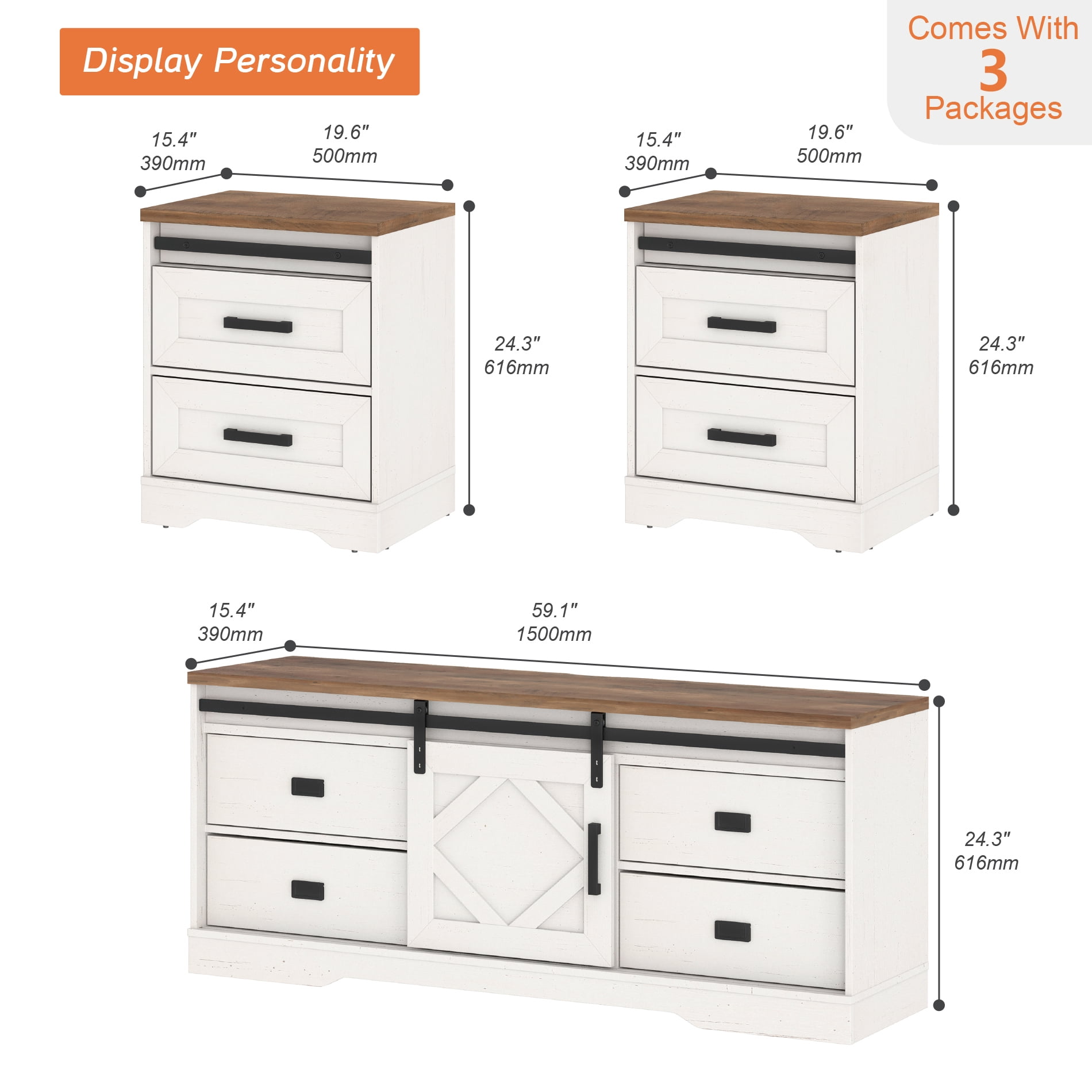 WAMPAT Farmhouse TV Stand with Charging Station and USB Ports for TVs up to 110" TVs,3 in 1 Wood Entertainment Center with 10 Drawers and Adjustable Shelves for Living Room,Cream White