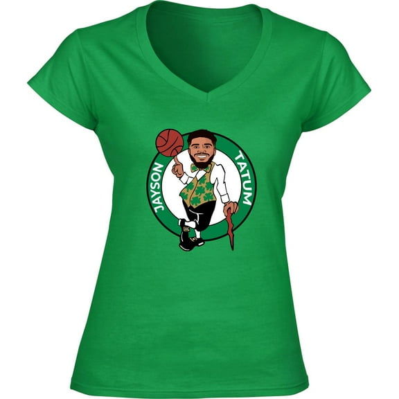Green Jayson Tatum Celtics Cartoon Logo LADIES V-NECK Shirt T-Shirt