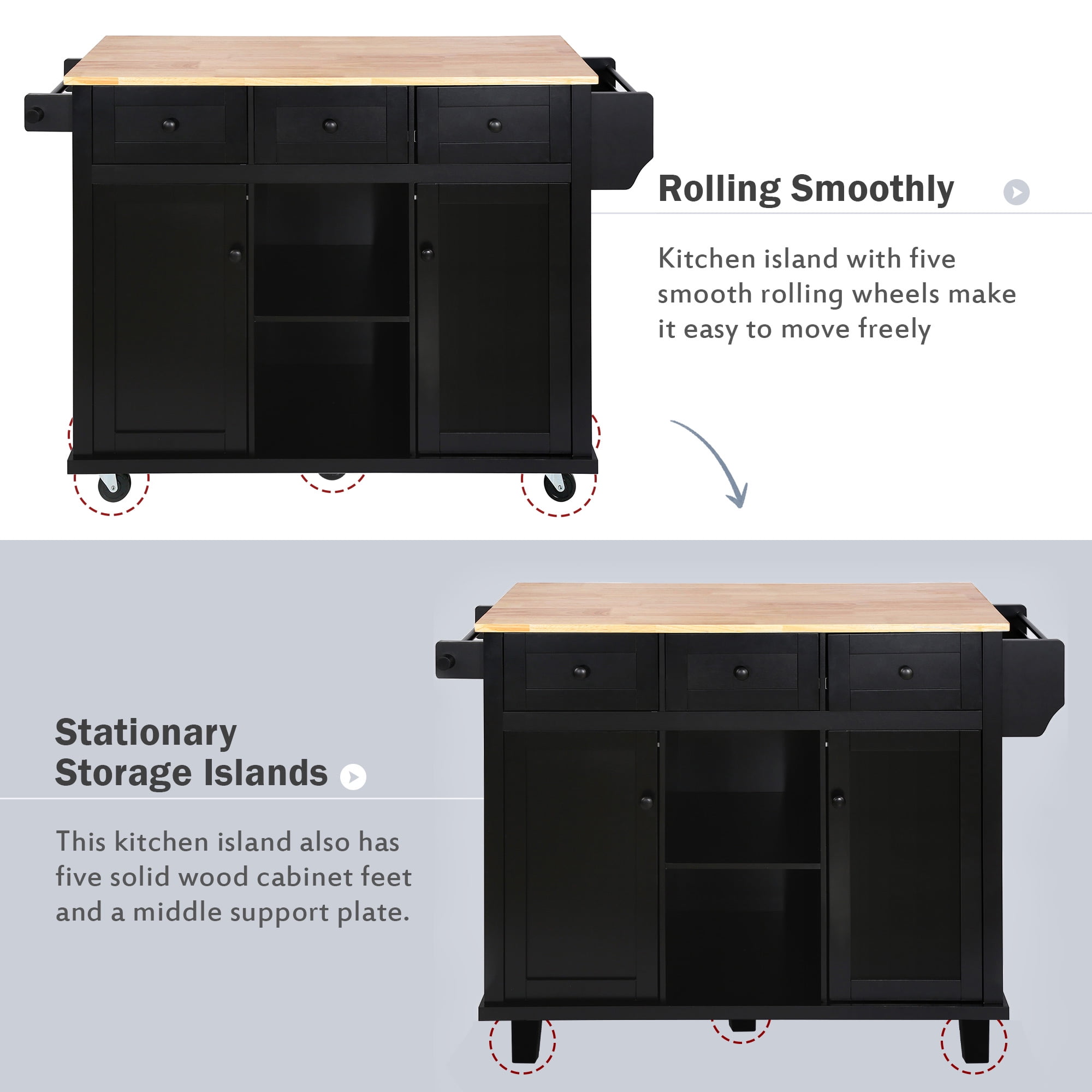 Harper & Bright Designs Kitchen Island with Drop Leaf and Wheels Rolling Kitchen Cart with Storage and Cabinet and 3 Drawers for Dining Room, Black