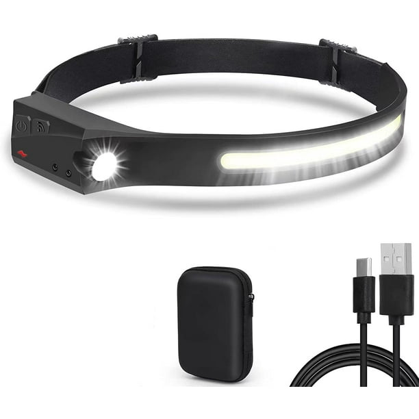 Linterna frontal, superbrillante, 350 lúmenes, con sensor de 4 modos, recargable por USB, IPX6, impermeable, ajustable, COB, para acampar, pescar, trotar y caminar [Clase de eficiencia energética A++ JAMW Sencillez
