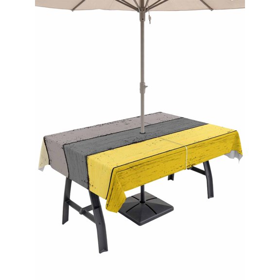 Outdoor Tablecloth with Umbrella Hole, Yellow Grey Spillproof Waterproof Outdoor Table Cover, Vintage Stripe Farmhouse Wood Grain Ombre Patio Tablecloths for Party Picnic Camping, Rectangle 60"x120"