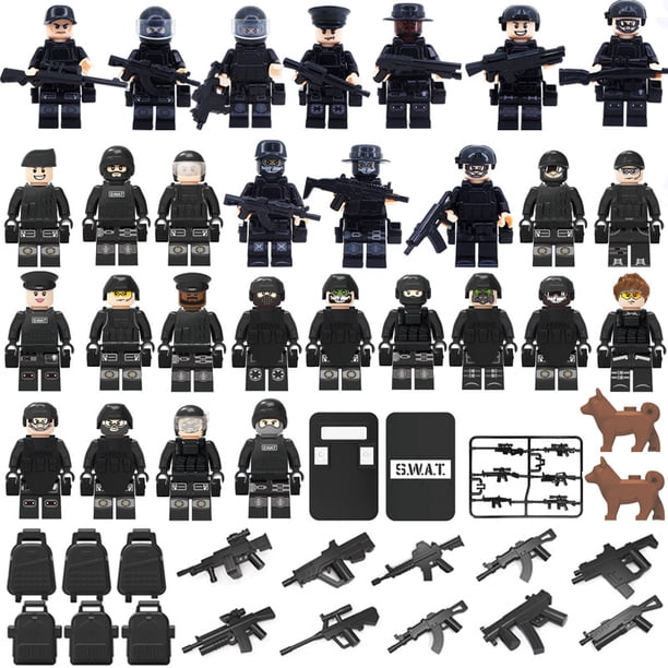 Juego de bloques de construcción de policía especial negro, 22, 24 y 28 piezas, bolsa de juguetes para ensamblar con partículas pequeñas