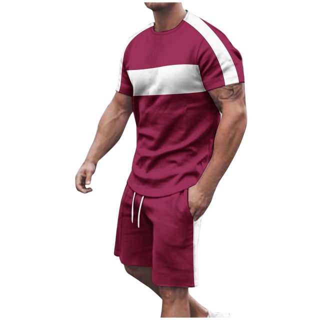 Ensemble Blouse Imprimée à Manches Courtes et Shorts pour Hommes, Tissu Polyester, Tenue d'Été Décontractée pour Extérieur, Col Rond, Design Imprimé Assorti, Lavage à la Main à Froid