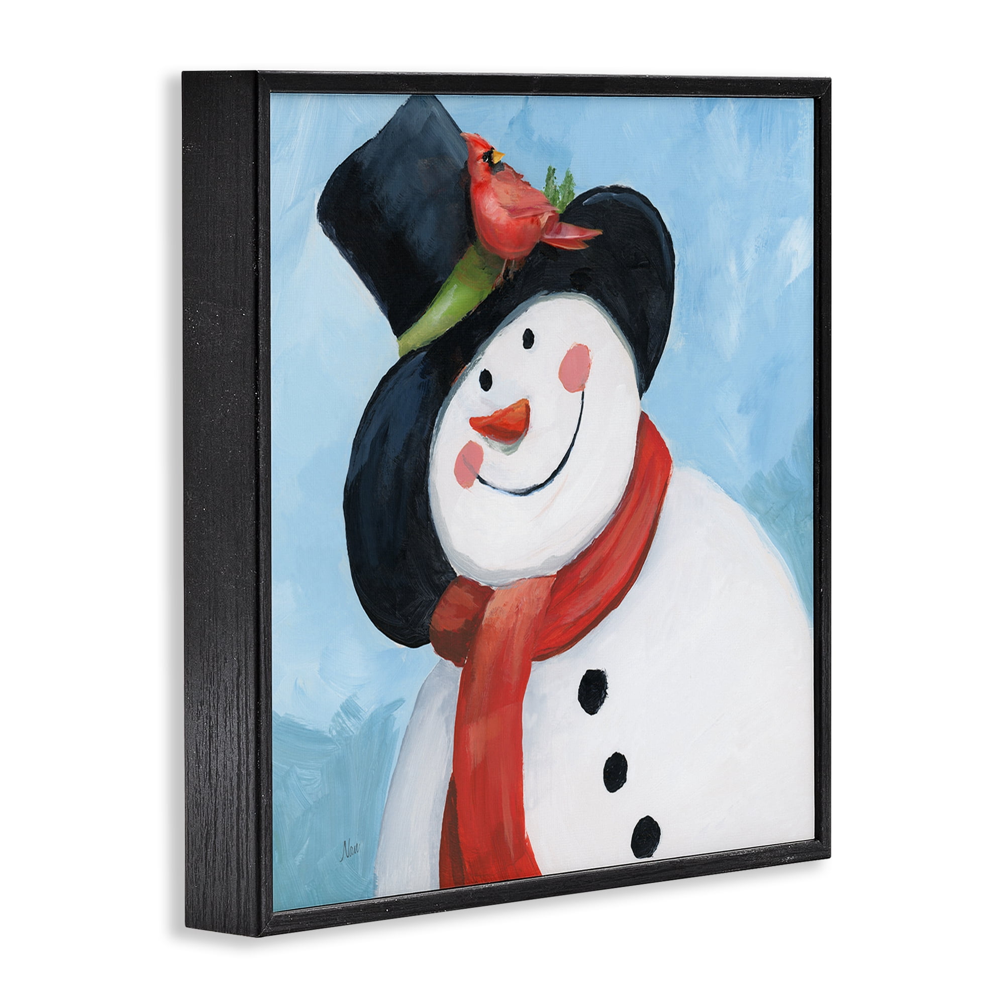 Stupell Industries Cheerful Snowman with Cardinal Black Framed Giclee Art, design by Nan
