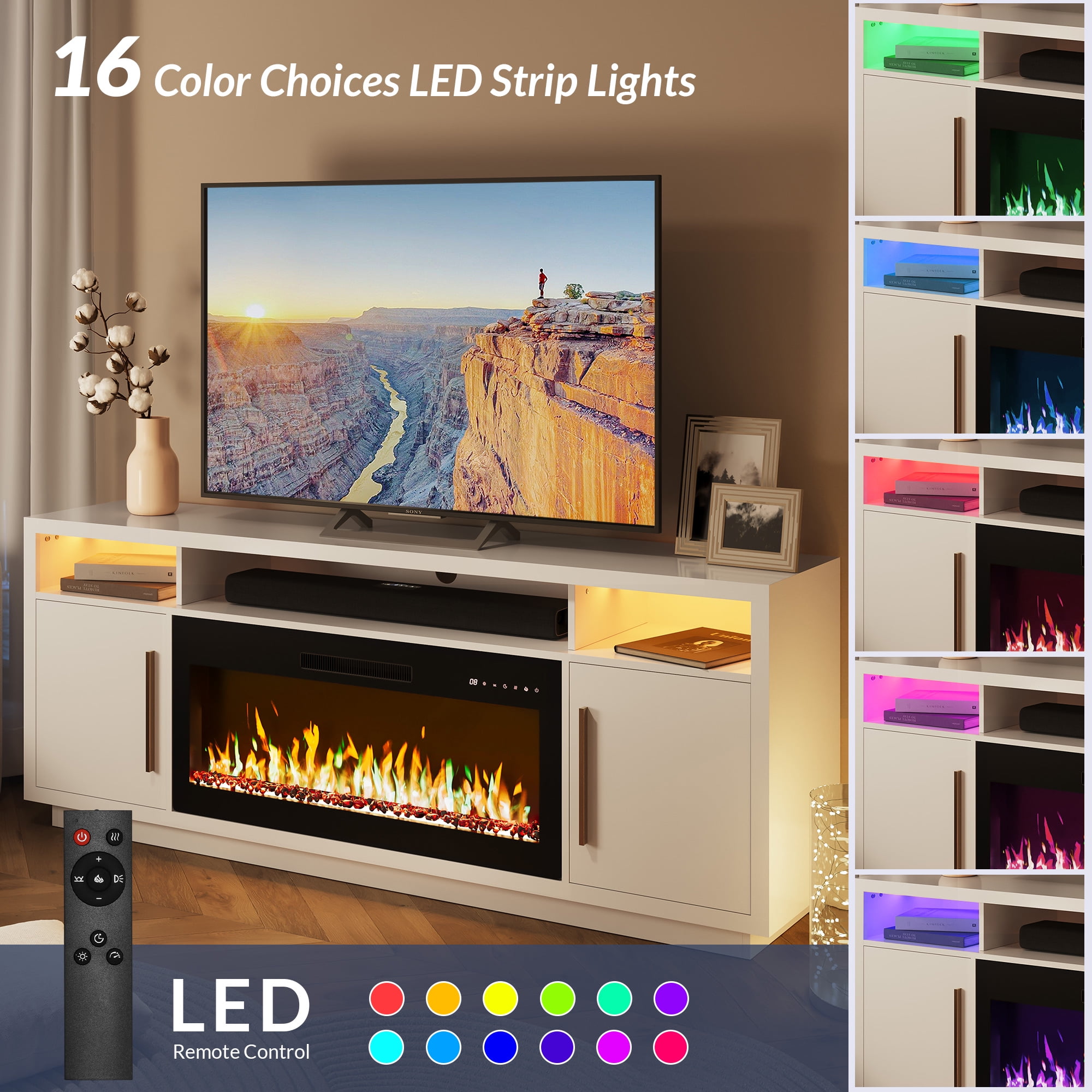 BELLEZE Fireplace TV Stand for TVs Up To 75", Entertainment Center with 36" Electric Fireplace, LED Ambient Lighting, and Storage, Media Console Table 69 Inch - Avenue (White)