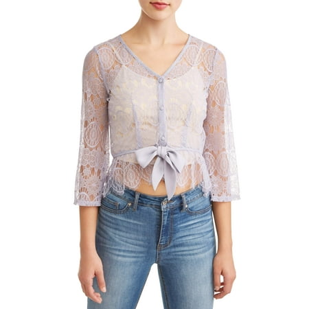 Juniors Tie - Juniors' All Over Lace Peplum Tie Front Long Sleeve Blouse