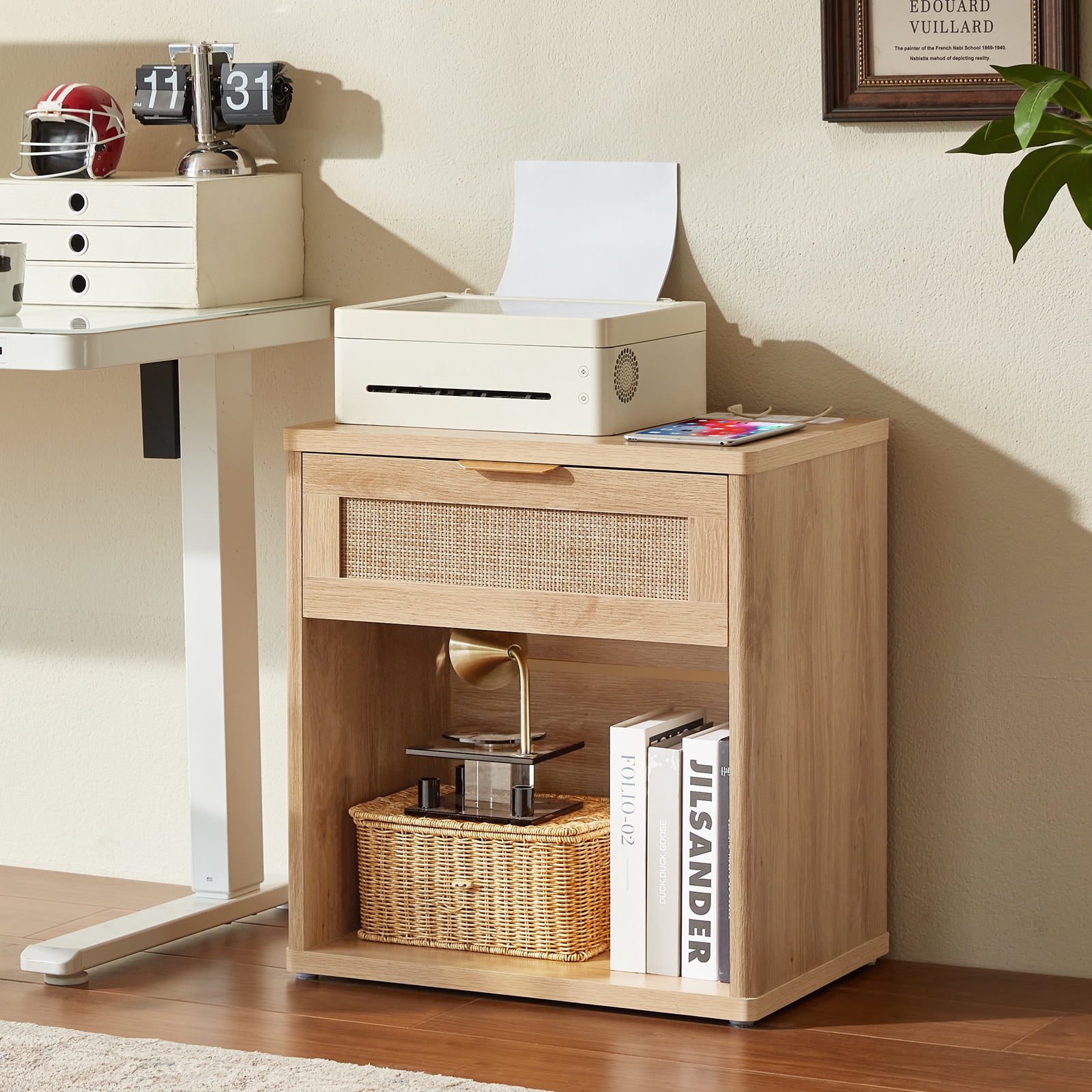 LELELINKY Rattan Nightstand with Charging Station, 23" Wide Boho Bedside Table with Drawer and Shelf for Bedroom, Living Room, Wood