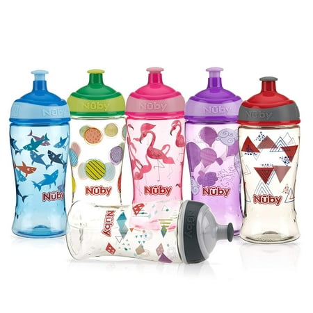 Nuby Printed Kids Pop Up Sipper Water Bottle, Colors May Vary, 1 Pack, 12 Oz, Multi