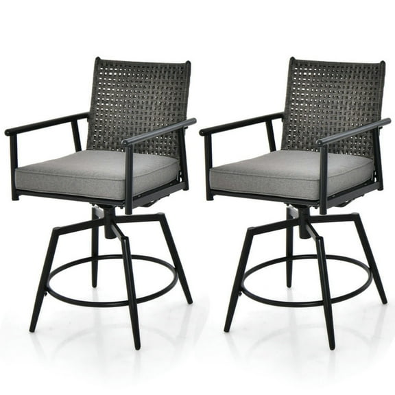 GVN 360 Degree Swivel Bar Stool Set of 2 with Metal Frame and PE Rattan Backrest-Black
