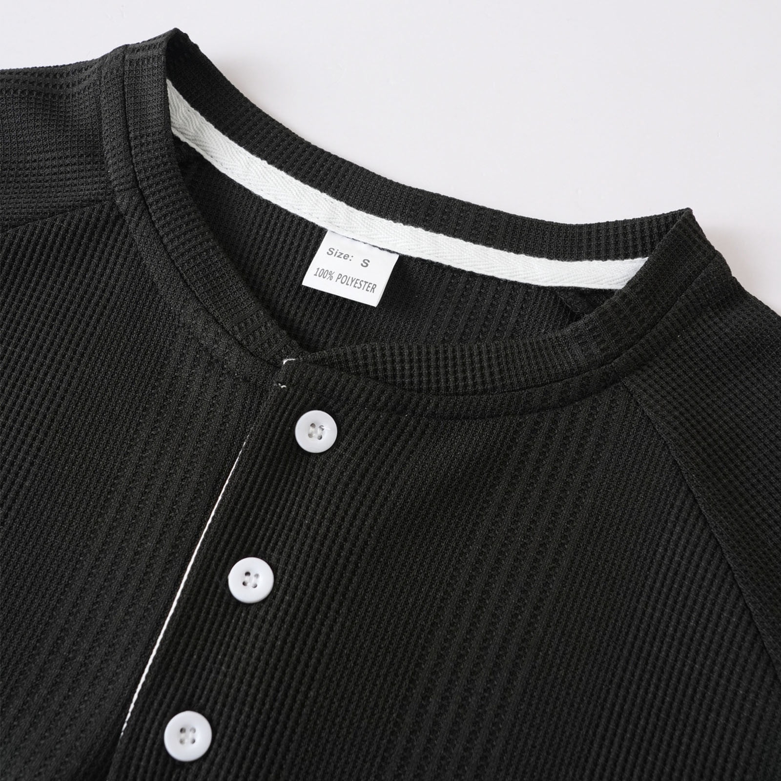 GuangCheng George Men Waffle Knit Henley Shirts,Long Sleeve,Slim Fit,Soft,Breathable,Comfortable,Button Placket,Casual Tees,Black,Size 3XL