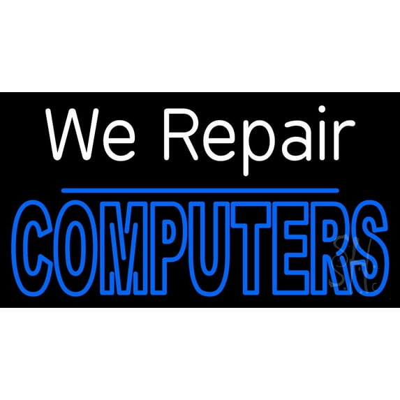 We Repair Computers 2 LED Neon Sign 20 x 37 - inches, Clear Edge Cut Acrylic Backing, with Dimmer - Bright and Premium built indoor LED Neon Sign for Computer & Electronics store decor.