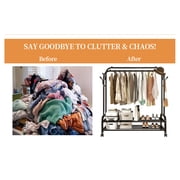 Fybee Heavy Duty Rolling Clothing Rack, Adjustable Double Rod Garment Organizer with 2 Shelves & Hooks, Mobile Wardrobe for Bedroom/Closet, Black