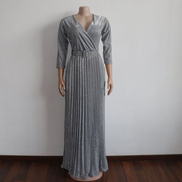 Vestido de tela especial con escote en V profundo, dorado, con cinturón de color primario, bolsillo, tela de espíritu, tela de espíritu
