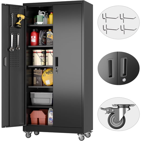 HUAXRON 71 inches Tall Metal Rolling Garage Storage Cabinets with Locking Doors and 5 Adjustable Shelves, Metal Storage Cabinet for Garage, Office, Home, Classroom, Assemble Required(Black)