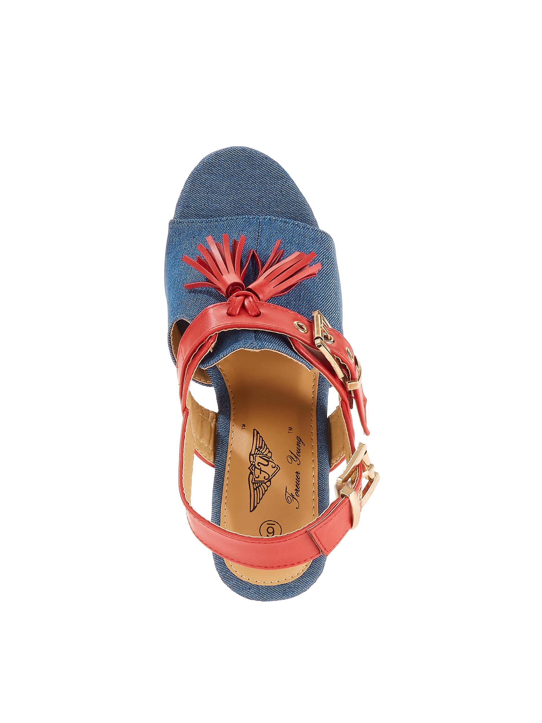 Forever Young Women's Denim Embellishment Wedges With Contrast Straps, Buckles and Tassels