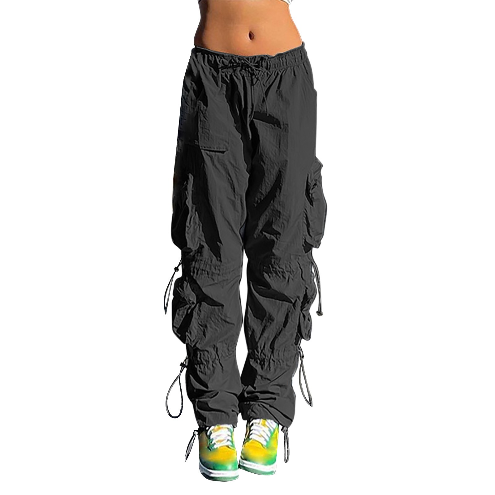 WANYNG cargo pants women Adjustable Elastic Waist Cargo Straight Leg Loose Baggy Wide Leg Trousers pants for women Black M - image 2 of 9