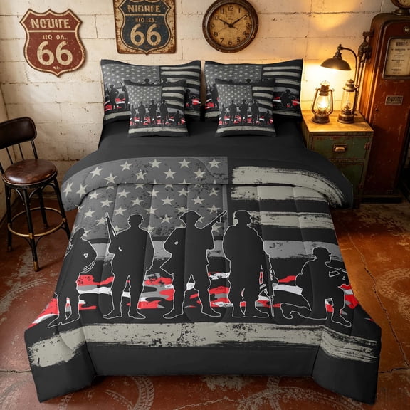Manfei Retro Camo US Flag Twin Bedding, Patriotic Soldier Silhouette Bedding Comforter Set, Red, Black Reversible 7 Pieces