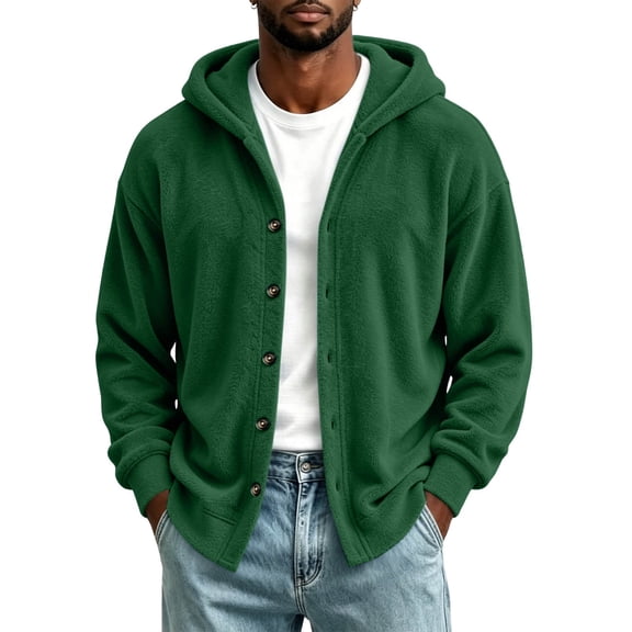 Men's Hooded Cardigan Button Up Fleece Jacket Warm Winter Casual Long Sleeve Coat for Outdoor Daily Wear