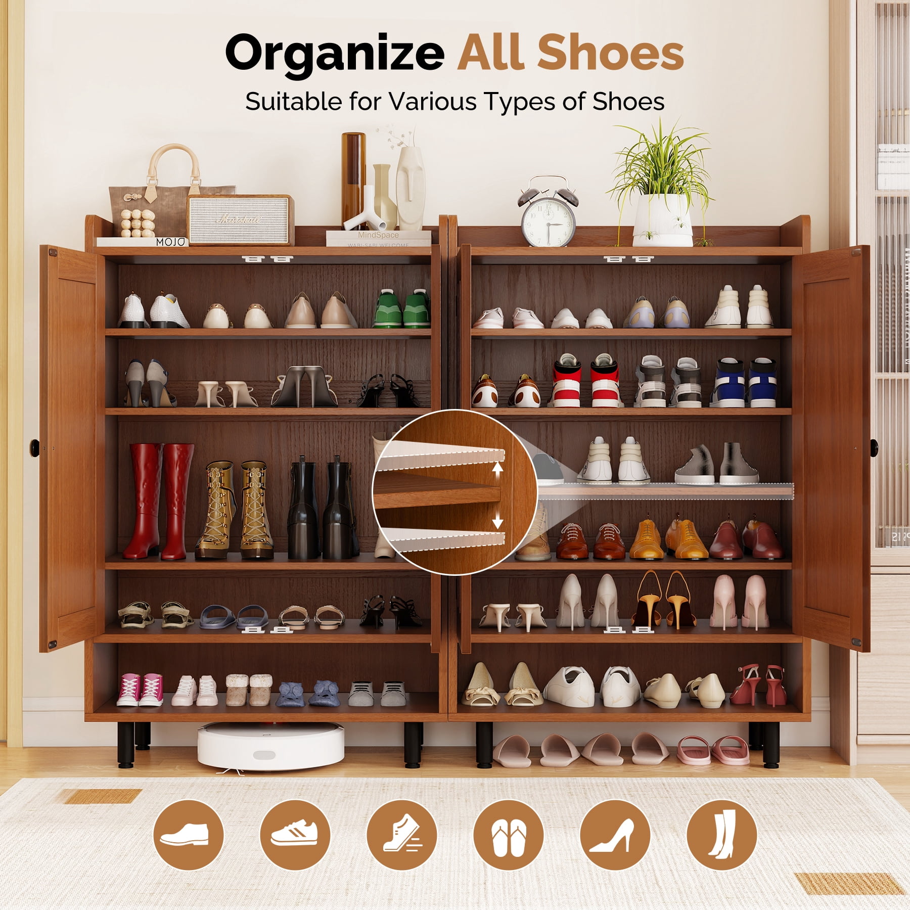 MOONMISS 5-Tier Adjustable Shelves Shoe Cabinet with Doors,Freestanding Shoe Storage Organizer,Shoe Rack for Entryway,Hallway,Closet