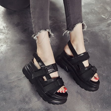 

〖Yilirongyumm〗 Black 38 Sandals Women Platform Sandals Ladies Wedge High Heels Buckle Leather Summer Shoes