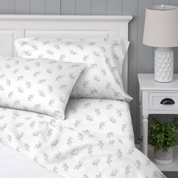 WelHome 100% Cotton Percale 4-Piece Queen Size Deep Pocket Printed Bed Sheets Set, 1 Fitted, 1 Flat Sheet with 2 Pillowcases, Ultra Light, Breathable & Super Soft Sheets, Gray Leaves