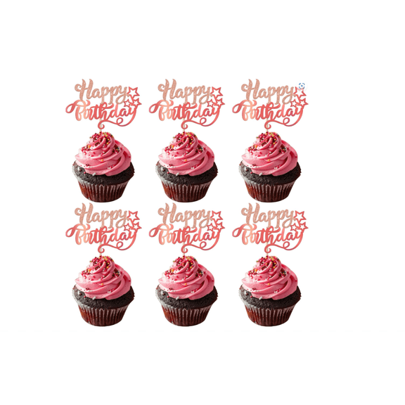 Happy Birthday Cupcake Toppers, Rose Gold Glitter, Star Accent, 10 Pack, Birthday Party Cake Decorations
