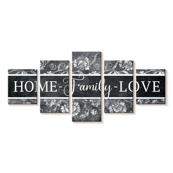 Elephant Stock Home Family Love Wall Sign Wall Art - Horizontal Multi Panel Canvas - Living Room Wall Decor - Wall Signs Multi Panel - Gray And White Decor - 29" x 12"