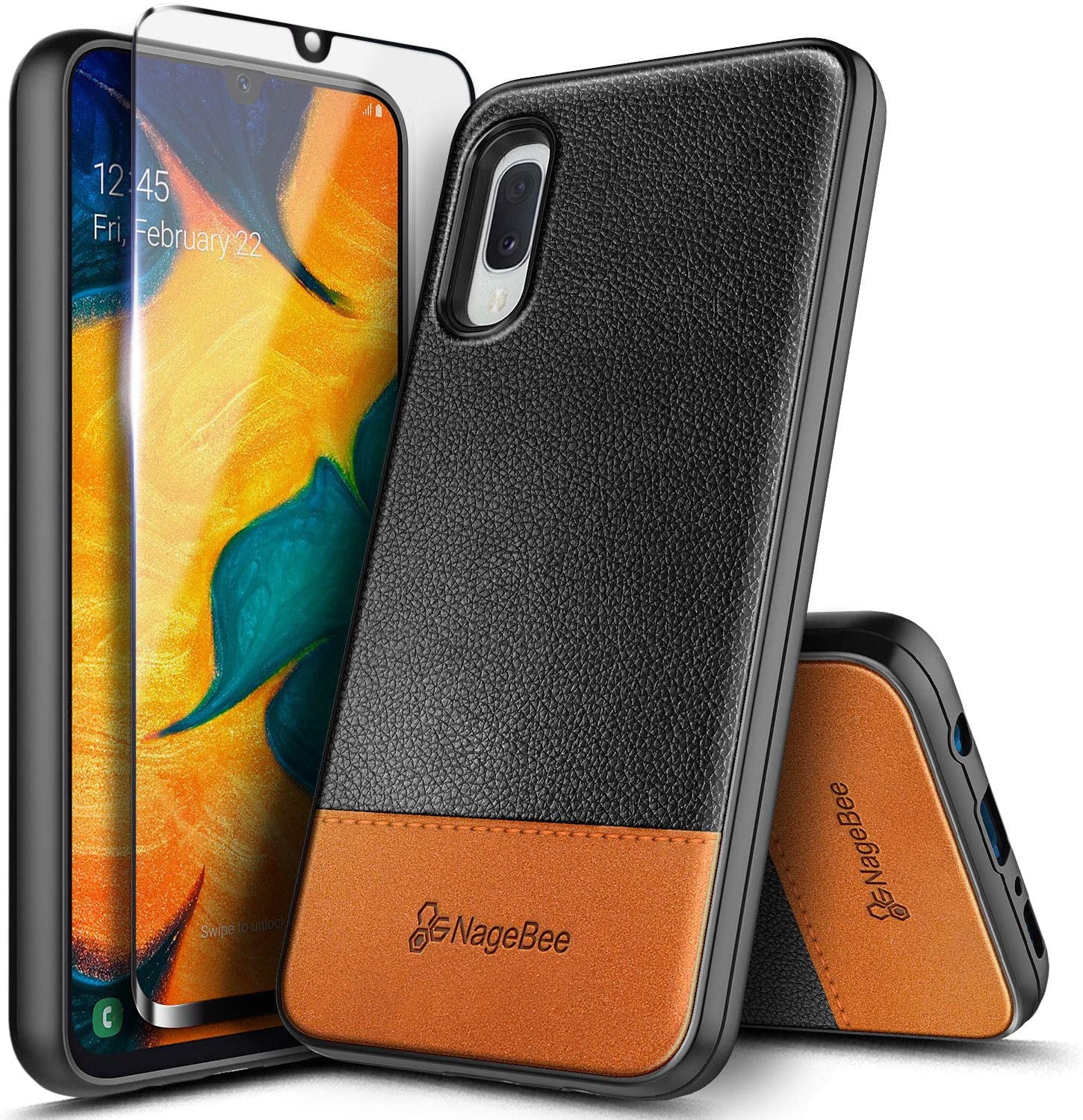 Nagebee Case for Samsung Galaxy A10E with Tempered Glass Screen Protector (Full Coverage), Premium [Genuine Leather] Hybrid Defender Shockproof Rugged Durable Cover Case (Black/Brown)