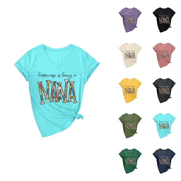 T-shirts pour Femmes « Hapiness Is Being A Nana » 2026 Été Décontracté Manches Courtes Col en V Mignon T-Shirts Graphiques Grand-Maman T-Shirt Fête des Mères