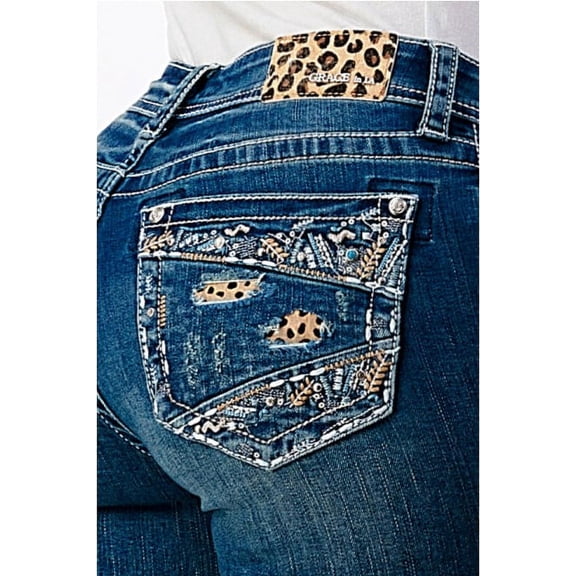 Grace in LA Women's Leopard Insert Embroidered Distressted Bootcut Stretch Jeans (25)