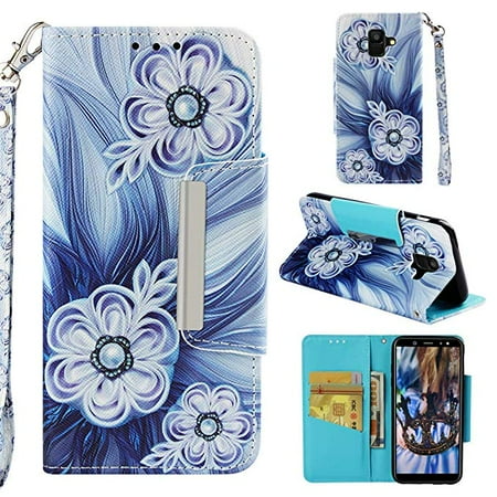 Durable Printing - Case for Samsung Galaxy A6 2018, Allytech PU Leather 3D Printing Wallet Case Inner Soft Bumper with Durable Magnetic Closure & Wrist Strap for Samsung Galaxy A6 2018 Phone, Button Flower