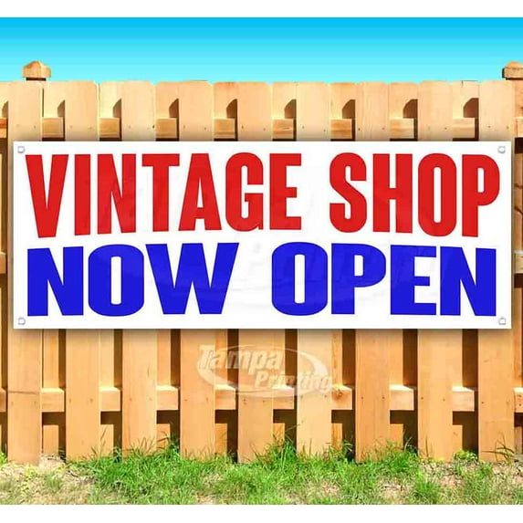 Vintage Shop Now Open 13 oz Vinyl Banner With Metal Grommets