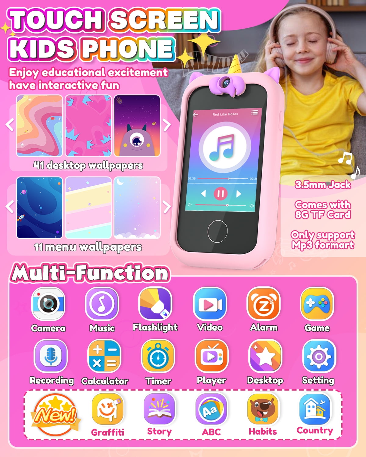 Prysyed Kids Toy Phone for Toddlers 3.5" Touchscreen, Christmas Birthday Unicorns Gifts for 3 4 5 6 7 8 Years Old Girls, Electronic Learning Toy for Girls Age 3-11 with Dual Camera 8G SD Card