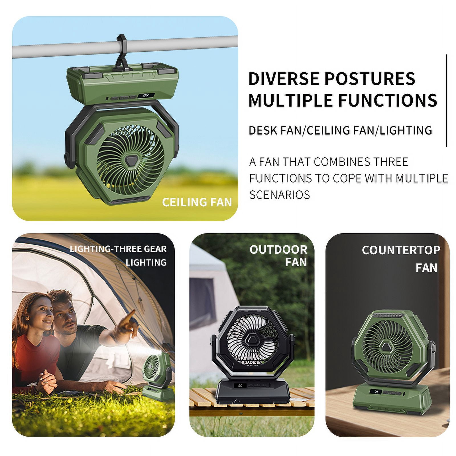 Rechargeable Portable Camping Fan with LED Lantern,Battery Powered Fan,Small Desk Cordless Fans with Hook,270 Head Rotation 3 Speeds USB Recharge Outdoor Fan for Tent Travel Canopy Beach