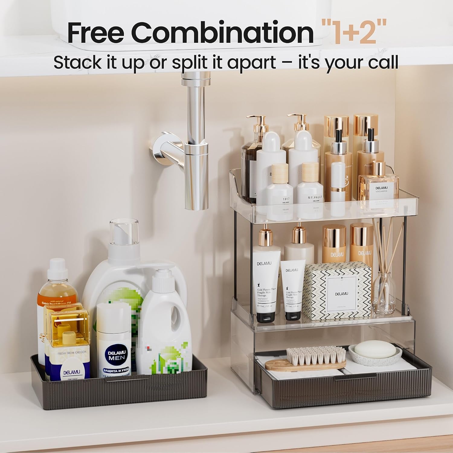 2-tier Vanity Organizer, Delamu Bathroom Countertop Organizer 2 Drawers, Multi-Purpose Makeup Organizer Countertop Cosmetics, Black