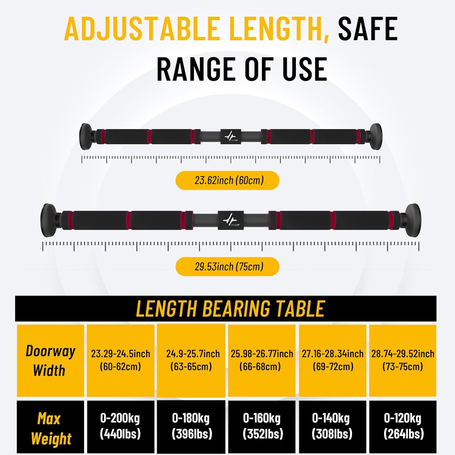 PulseBar Adjustable Doorway Pull-Up Bar for Home Workout, 100kg Max Load, Anti-Skid Grip Chin-Up Bar, Strength Training Exercise Bar, Black