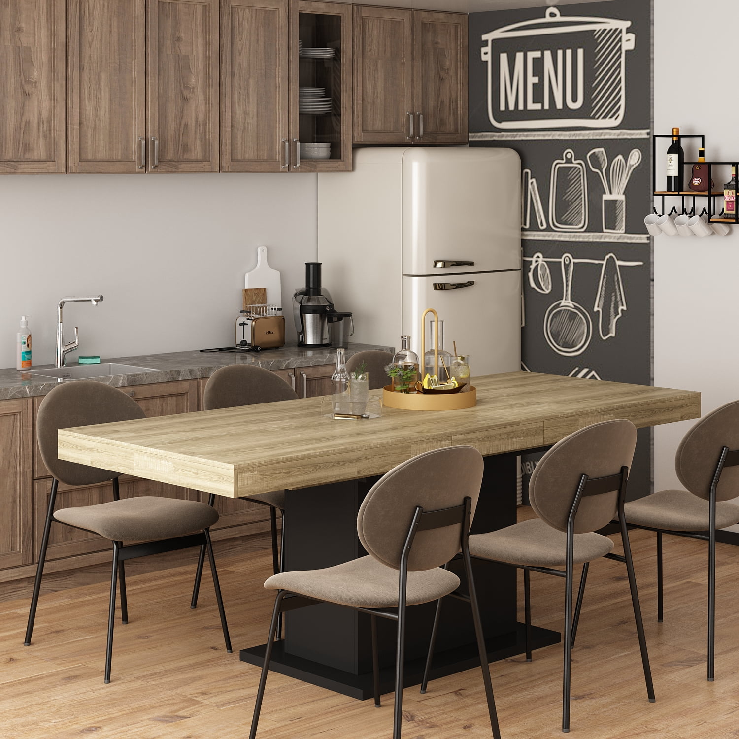 OXYLIFE Extendable Dining Table for 6-8 Person for Living Room, 63"-78.7" Wide, Oak+Black