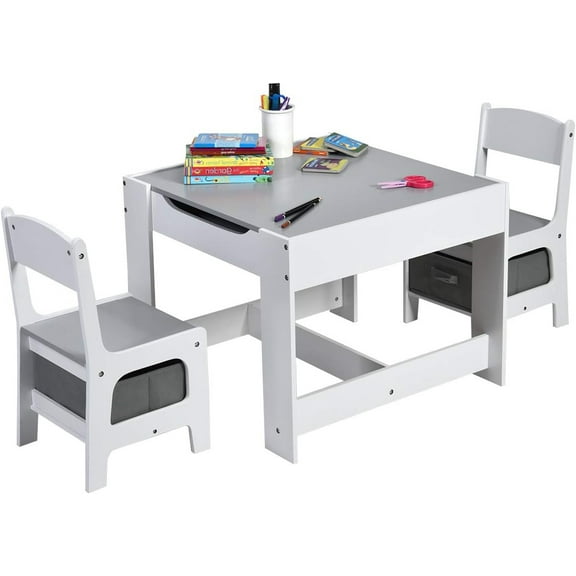 3 in 1 Kids Table and Chair Set, Wooden Activity Table Detachable Tabletop for Drawing Art Craft Reading, Playroom Nursery Kids Furniture Toddler Table Chair Set with Storage Drawers, Gray