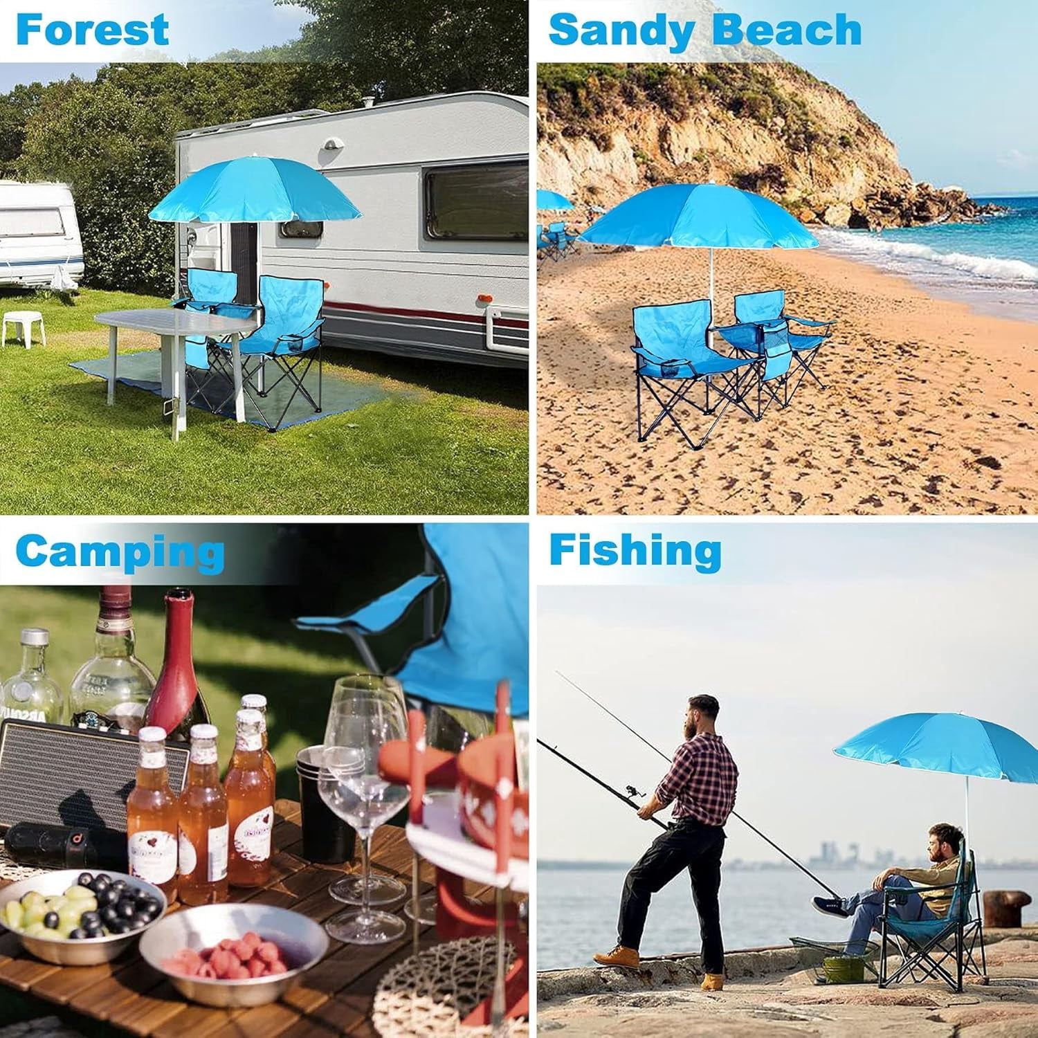 LAZZO Outdoor Double Camping Chair with Umbrella, Portable Folding Beach Chair with Cup Holder, Built-in Cooler and Carry Bag, Blue