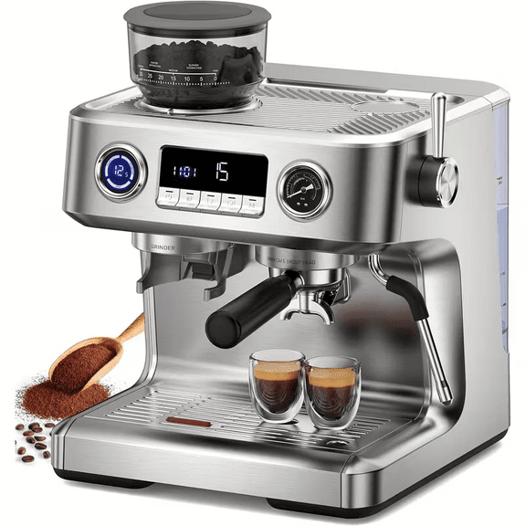 Auseo Espresso Machine with Grinder, Dual Boiler 20 Bar Espresso Machines with Milk Frother Steam Wand, Espresso/Cappuccino/Latte/Mocha, Commercial Espresso Coffee Machines, Stainless Steel