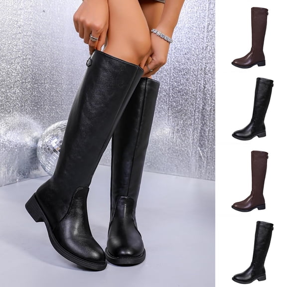 Women’s Round Toe Knee‑High Riding Boots, Smooth Leather Low Block Heel Tall Boots, Back Zipper Wide Calf Long Boots