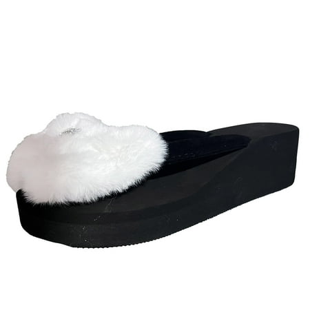 

Ladies Fashion Bohemian Plush Rhinestone Decorative Open Toe Clip Toe Thick Sole Slippers