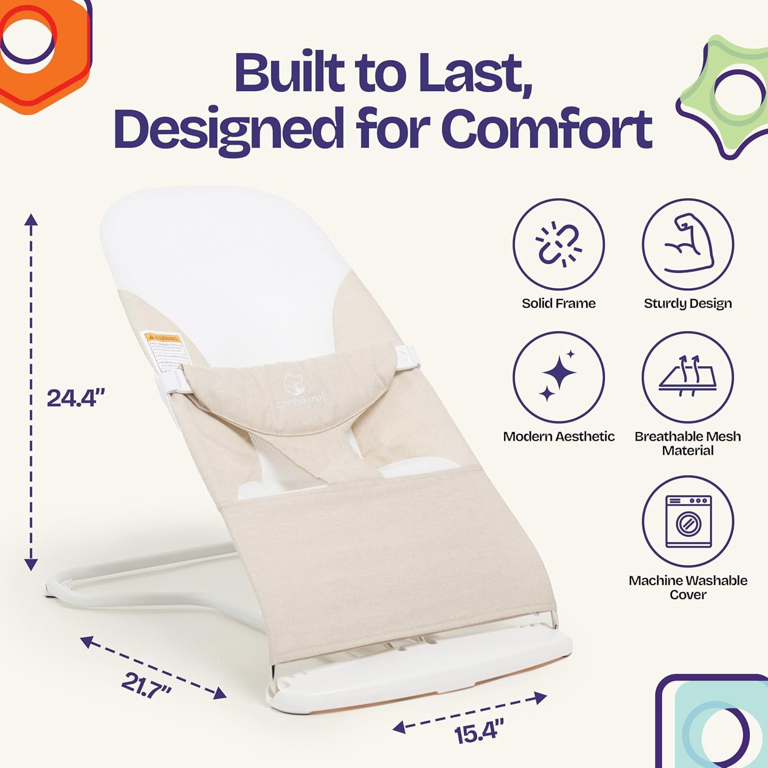 ComfyBumpy Ergonomic Baby Bouncer Seat - Portable Bouncing Chair with Adjustable Height-Oatmeal