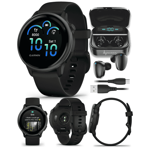 Garmin Vivoactive 6 - Health & Wellness GPS Smartwatch, 1.2 in Bright AMOLED Display, Slate with Black Band w/ Wearable4U Black EarBuds Bundle