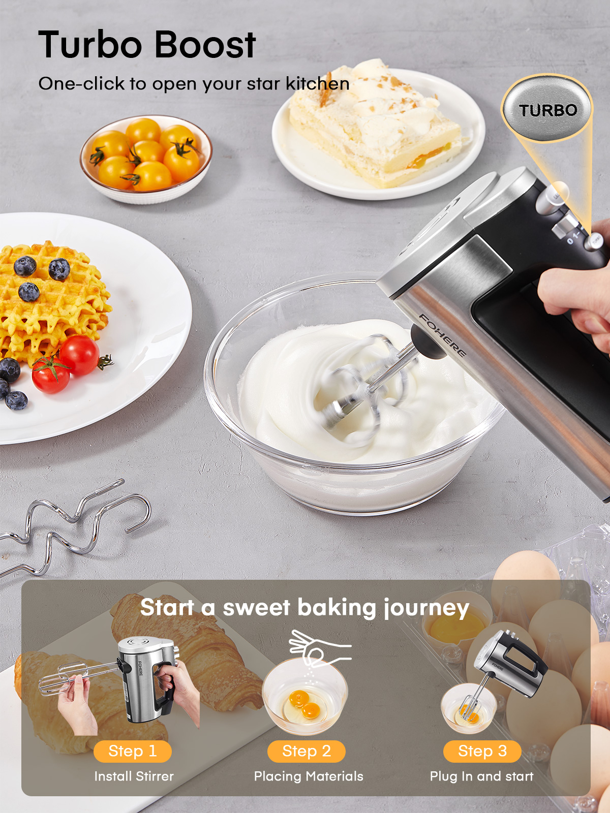 FOHERE Hand Mixer, 6-Speed, 300W photo 2